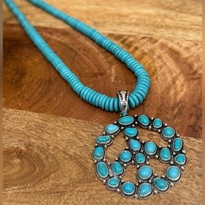 Western style howlite turquoise large peace sign pendant on 18” chain